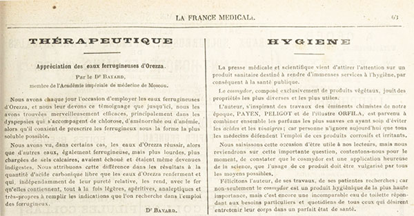 Le premier article sur Cosmydor dans «La France médicale» en 1877.